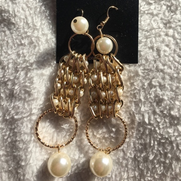 gold tone hoop & pearl long drop earrings - Picture 1 of 4